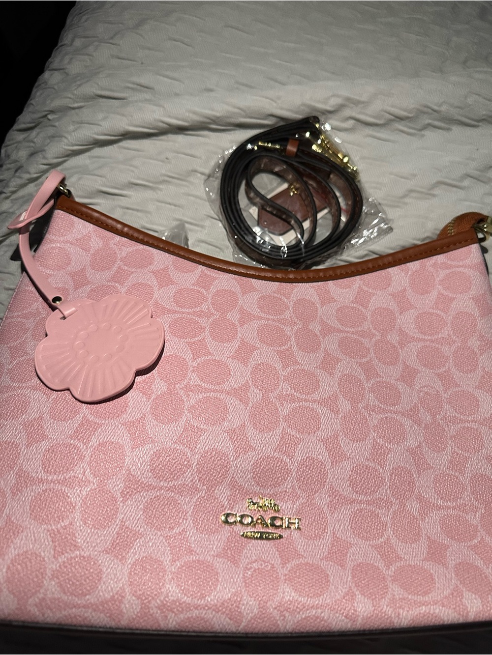 Coach Pink Signature Canvas Shoulder Bag with Flower Charm and Brown Trim. - Picture 3 of 3